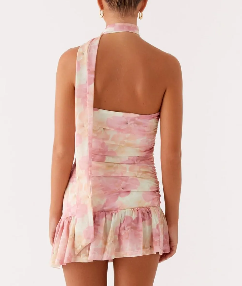 Women Y2k Strapless Mini Tube Dress Floral Ruffle Short Bandeau Dress Off Shoulder Bodycon Going Out Dresses