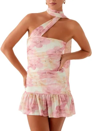 Women Y2k Strapless Mini Tube Dress Floral Ruffle Short Bandeau Dress Off Shoulder Bodycon Going Out Dresses