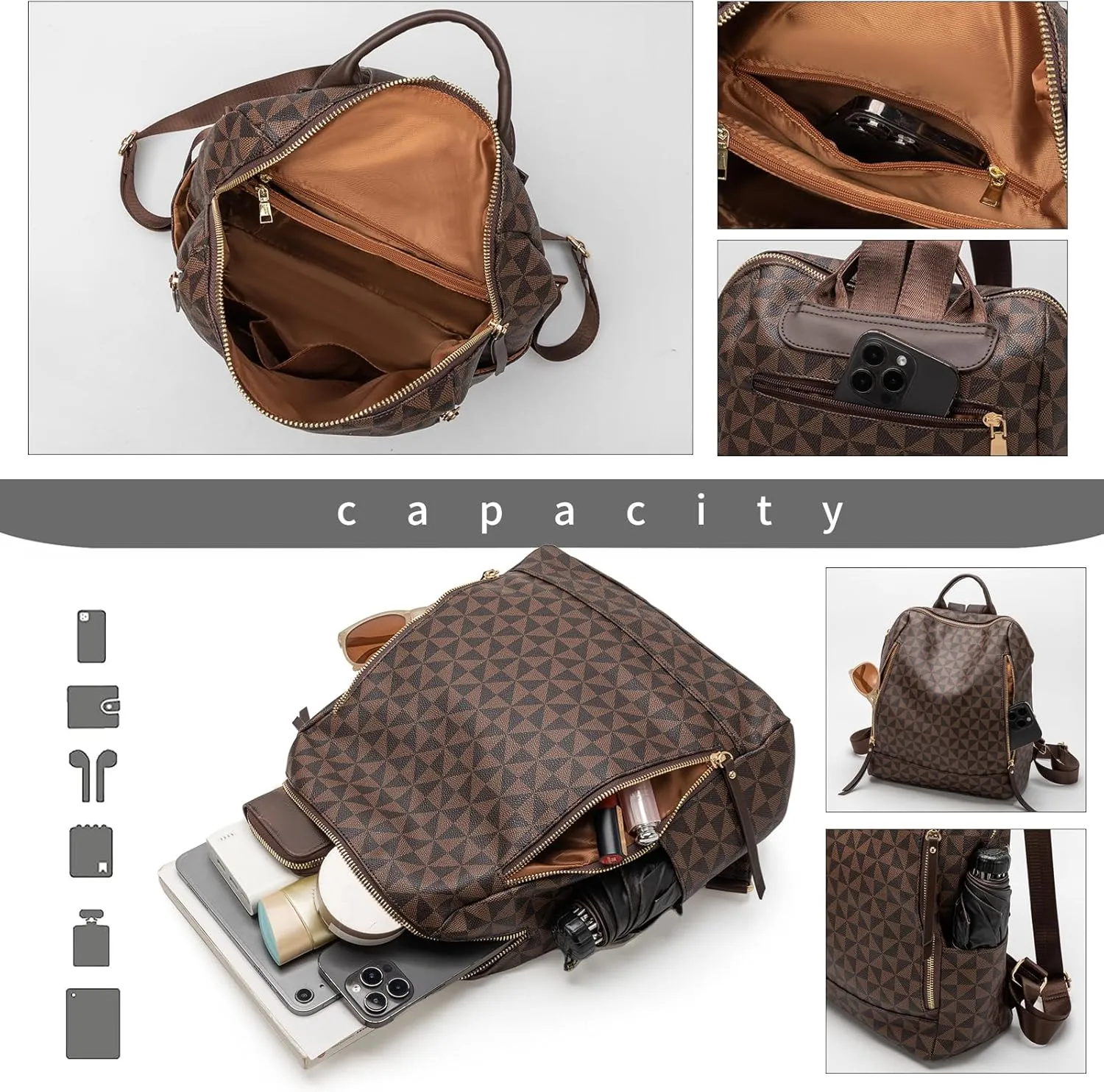 Women‘s Backpack Purse Leather Anti-theft Large Fashion Designer Travel Backpack Bag Men's Backpack Shoulder Bags, A-brown