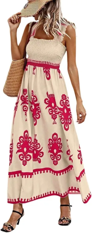 Women's Bohemian Floral Maxi Summer Sleeveless Beach Sundress with Smocked Bodice and Elegant Patterns