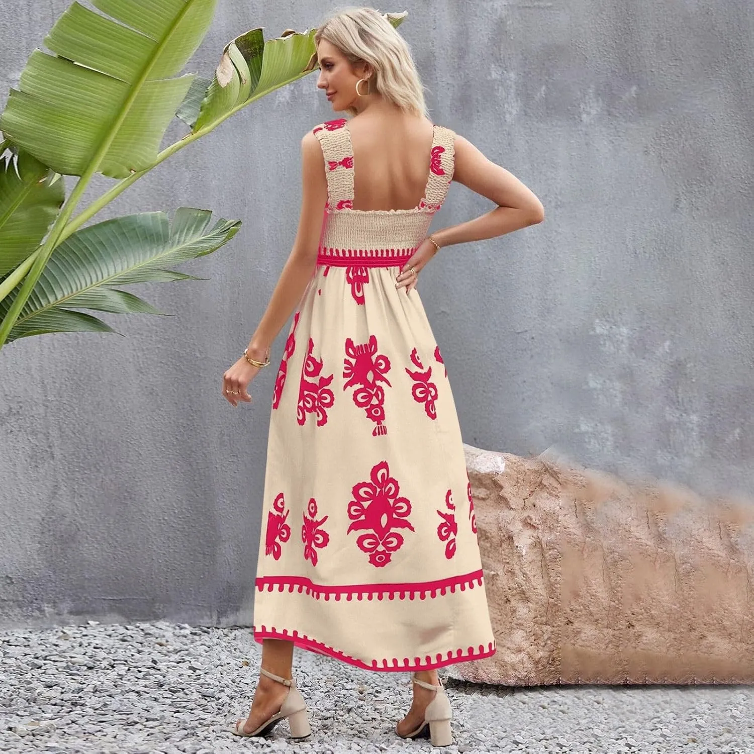 Women's Bohemian Floral Maxi Summer Sleeveless Beach Sundress with Smocked Bodice and Elegant Patterns