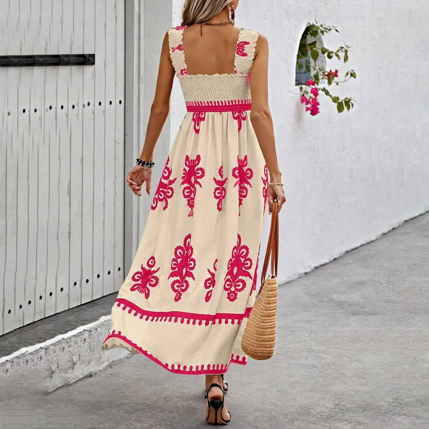Women's Bohemian Floral Maxi Summer Sleeveless Beach Sundress with Smocked Bodice and Elegant Patterns