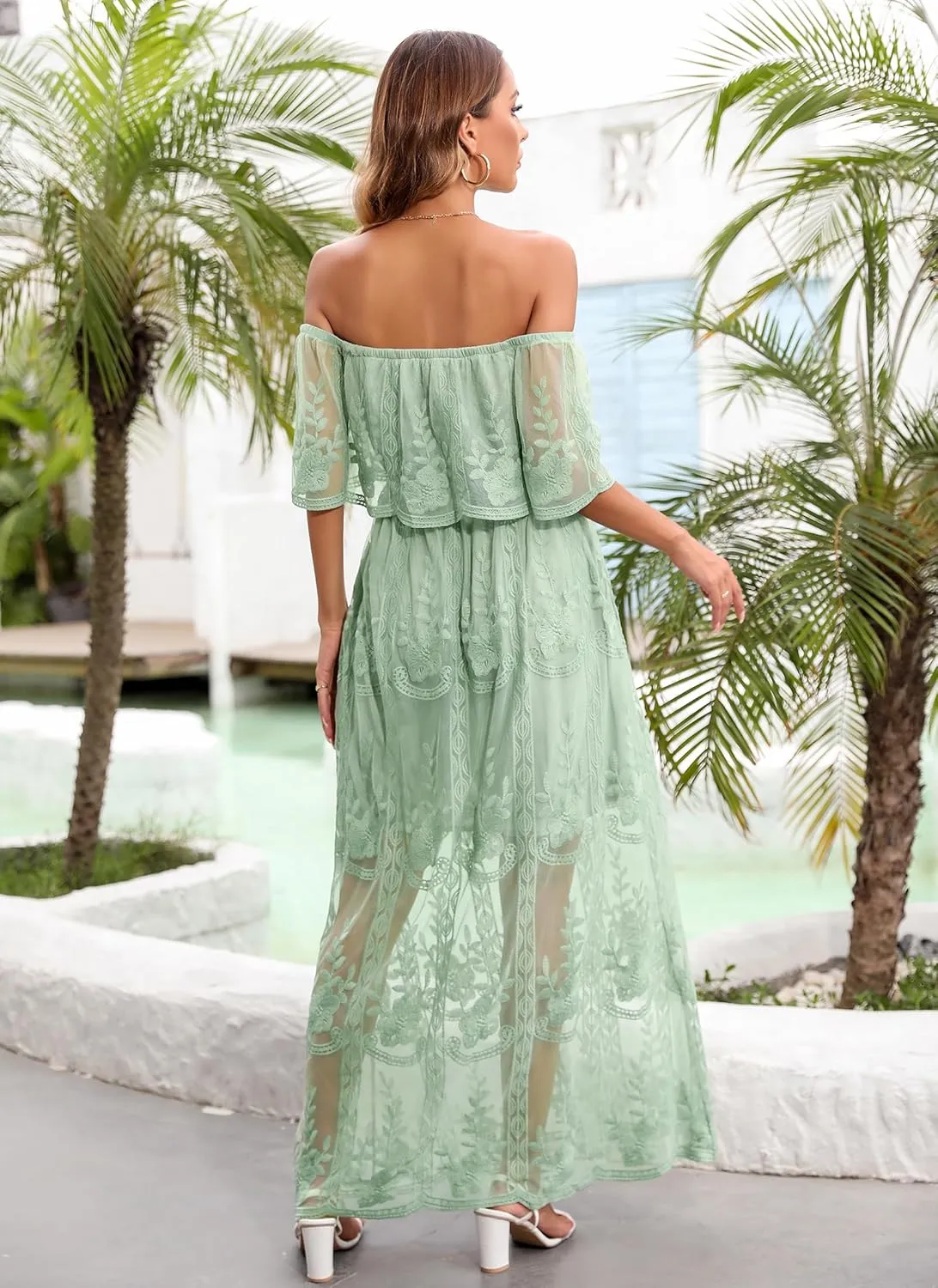 Women's Casual Off Shoulder Lace Maxi Dress Boho White Bridesmaid Wedding Evening Party Dresses