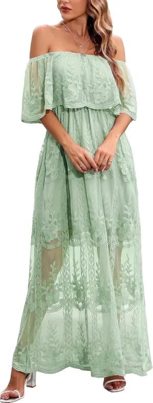 Women's Casual Off Shoulder Lace Maxi Dress Boho White Bridesmaid Wedding Evening Party Dresses
