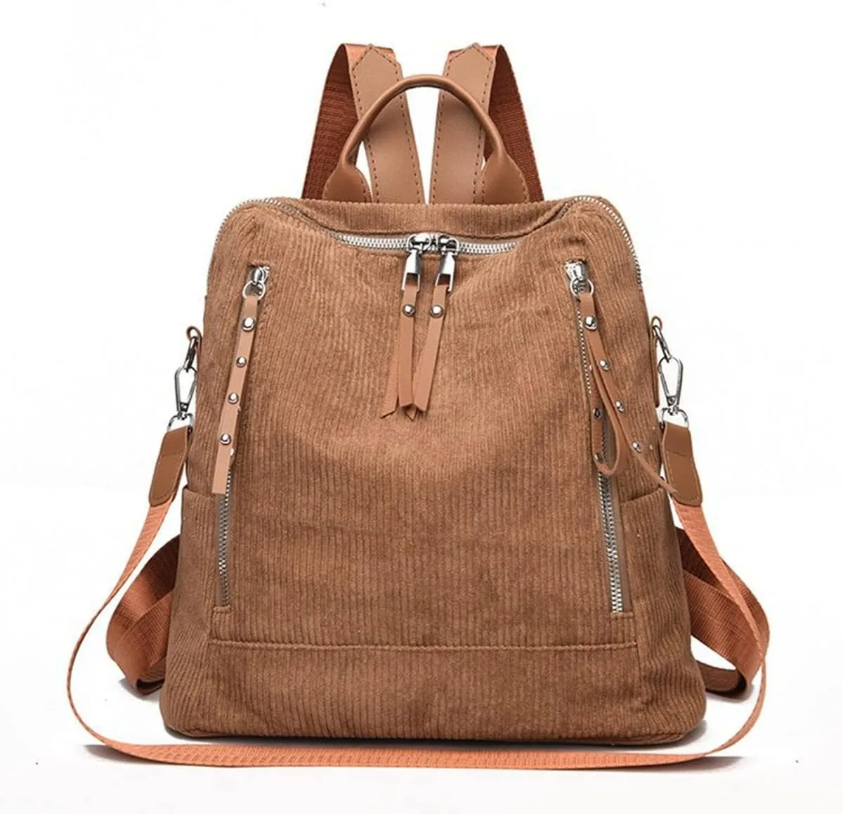 Womens Corduroy Casual Backpack Purse Convertible Travel Shoulder Bag with Wristlet Corduroy Wallet Handbag,Brown