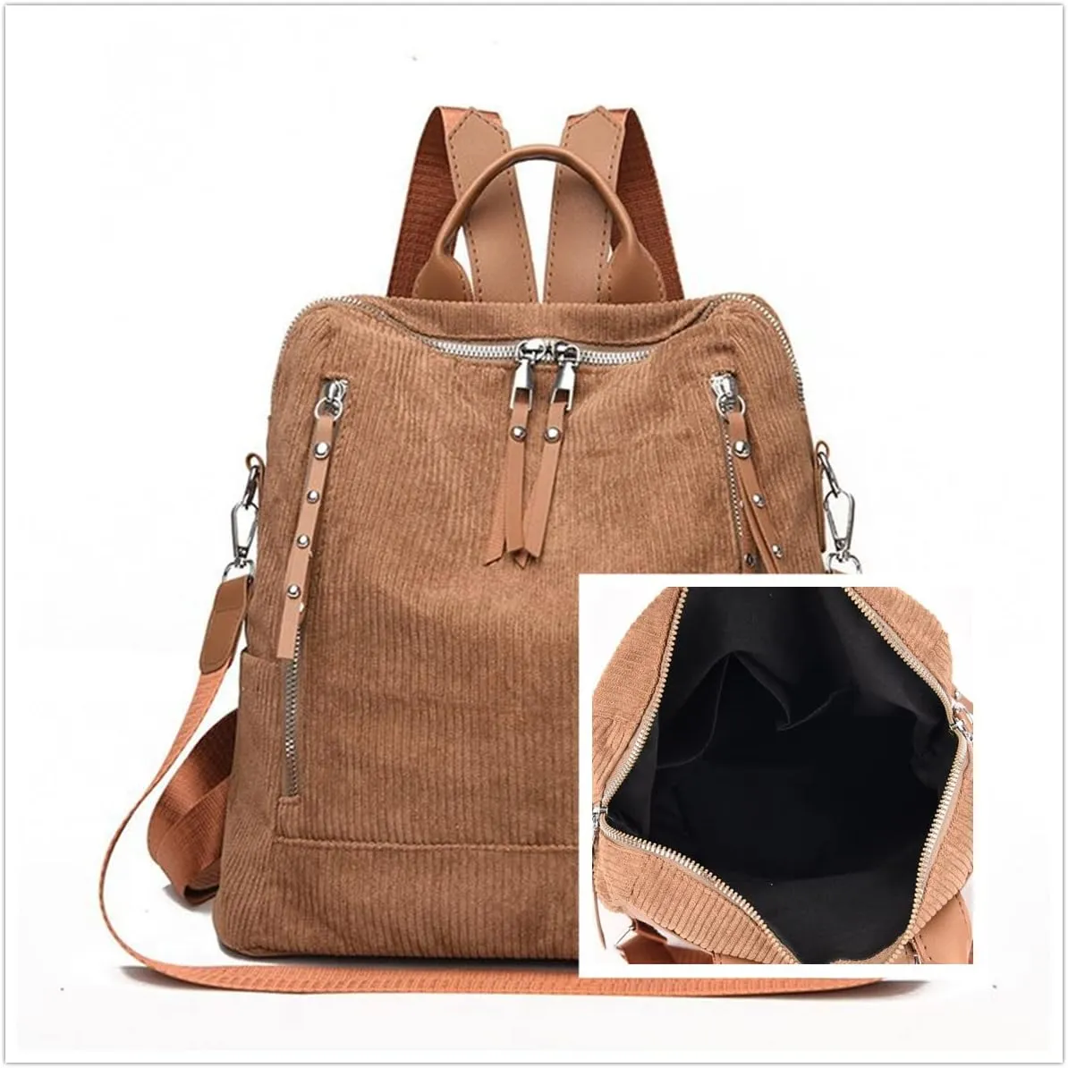 Womens Corduroy Casual Backpack Purse Convertible Travel Shoulder Bag with Wristlet Corduroy Wallet Handbag,Brown
