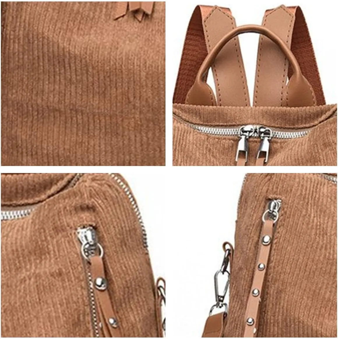 Womens Corduroy Casual Backpack Purse Convertible Travel Shoulder Bag with Wristlet Corduroy Wallet Handbag,Brown