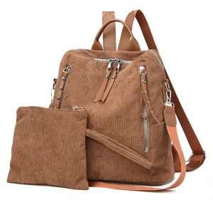 Womens Corduroy Casual Backpack Purse Convertible Travel Shoulder Bag with Wristlet Corduroy Wallet Handbag,Brown