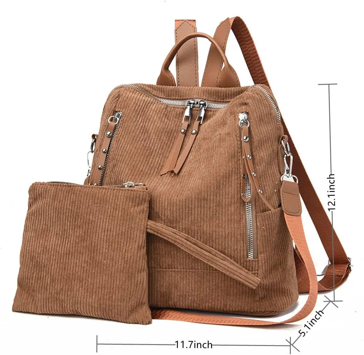 Womens Corduroy Casual Backpack Purse Convertible Travel Shoulder Bag with Wristlet Corduroy Wallet Handbag,Brown