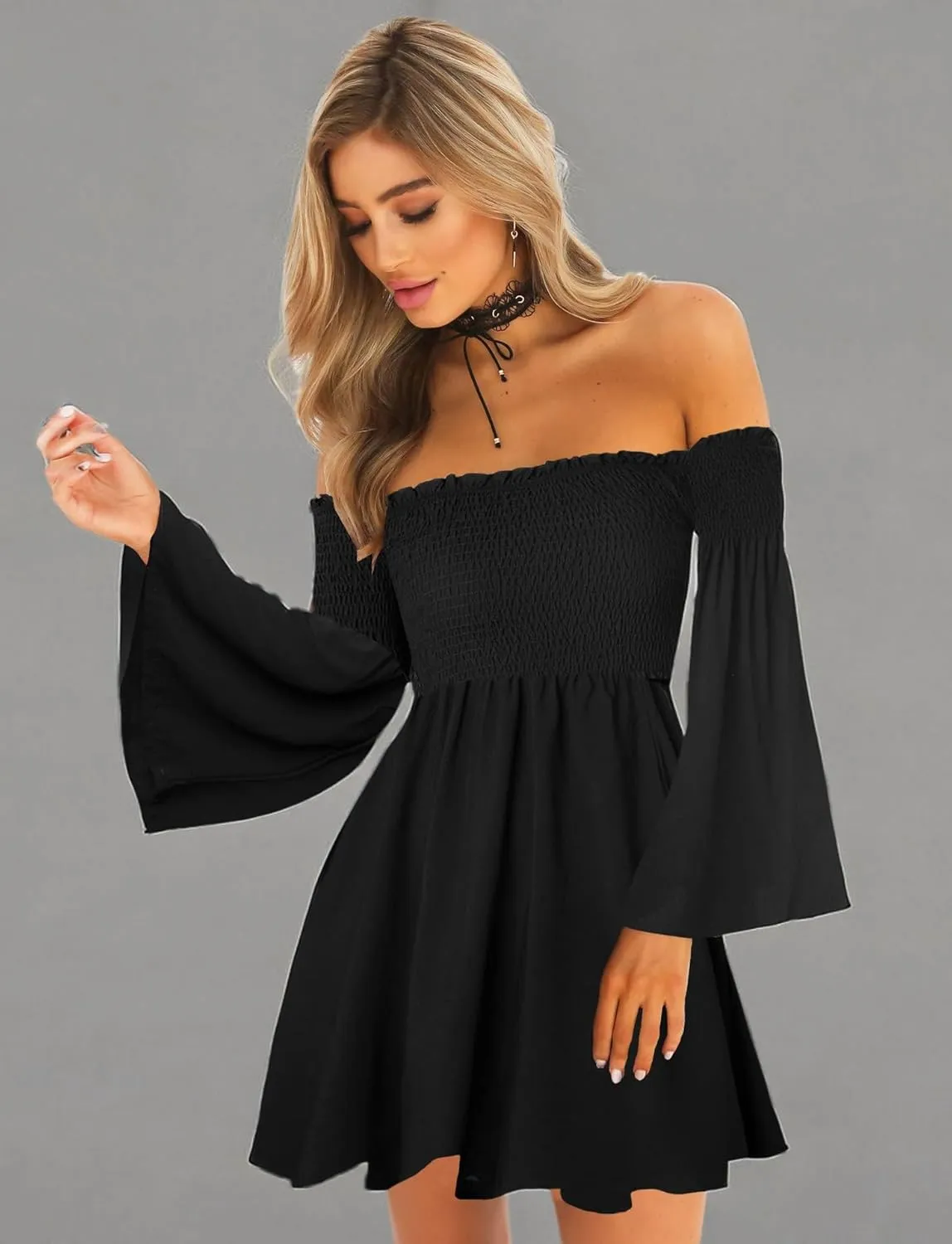 Women's Dress Summer Floral Long Sleeve Off Shoulder Casual Mini Dresses