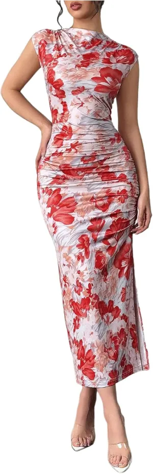 Women's Floral Print Midi Bodycon Dresses Split Thigh Ruched Mock Neck Fitted Tank Dress