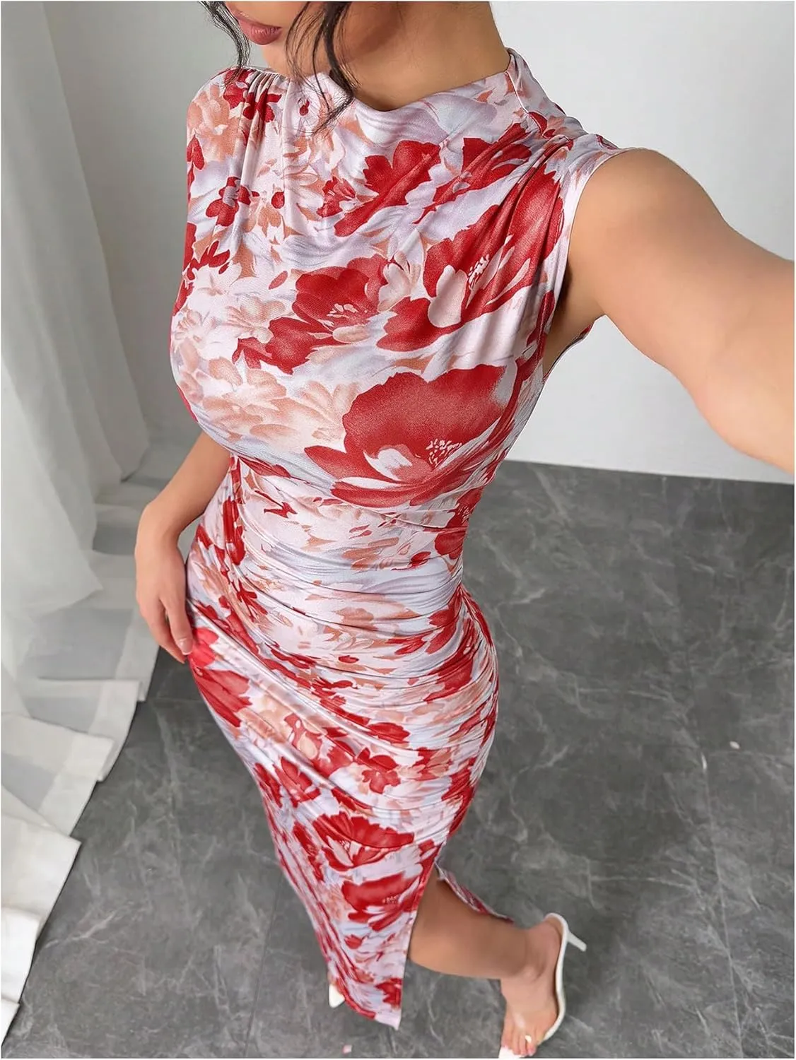 Women's Floral Print Midi Bodycon Dresses Split Thigh Ruched Mock Neck Fitted Tank Dress