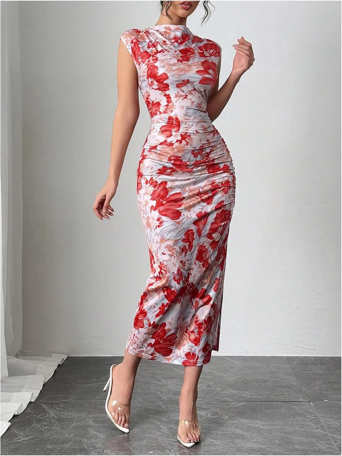 Women's Floral Print Midi Bodycon Dresses Split Thigh Ruched Mock Neck Fitted Tank Dress
