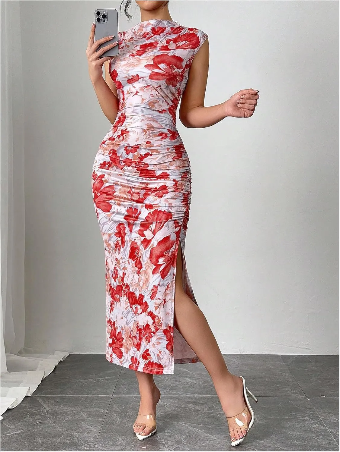 Women's Floral Print Midi Bodycon Dresses Split Thigh Ruched Mock Neck Fitted Tank Dress
