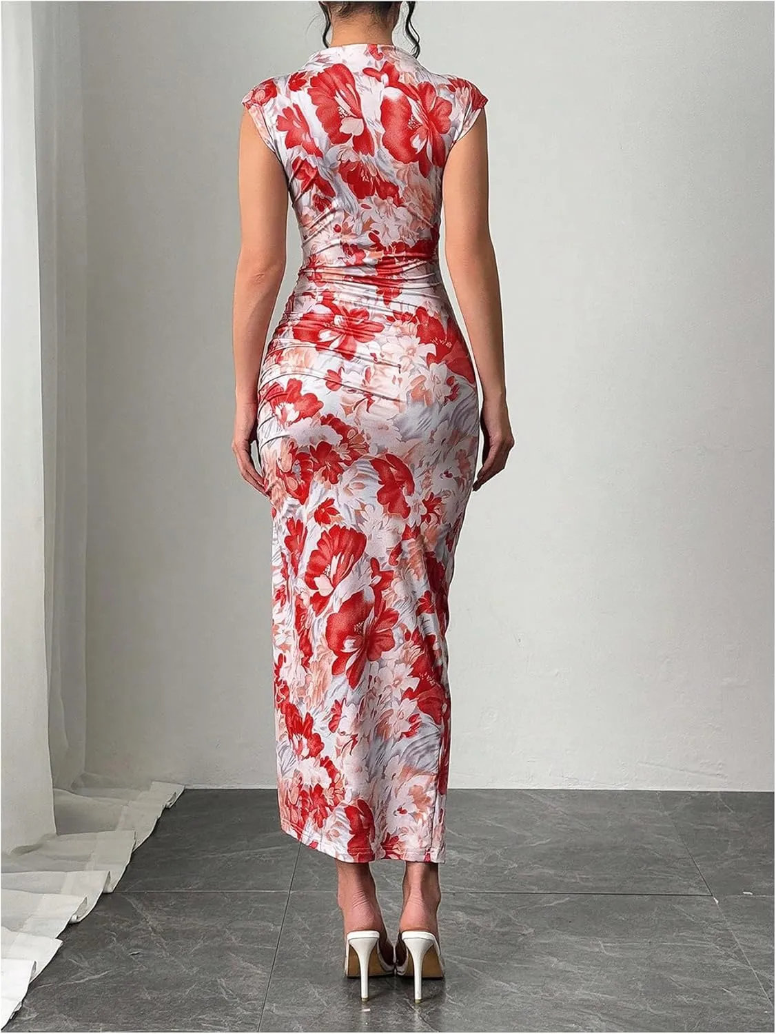 Women's Floral Print Midi Bodycon Dresses Split Thigh Ruched Mock Neck Fitted Tank Dress