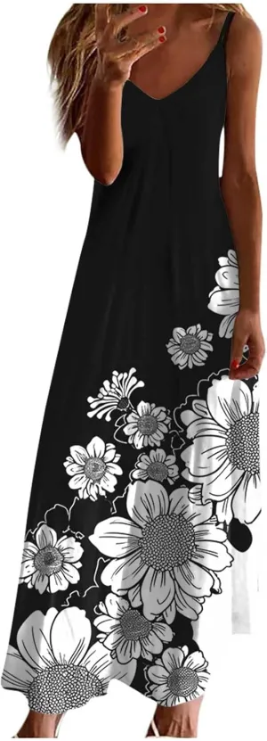 Women's Floral Spaghetti Strap Sundress Casual Summer Long Maxi Dress Vneck Sexy Boho Dresses Trendy Beach Clothes