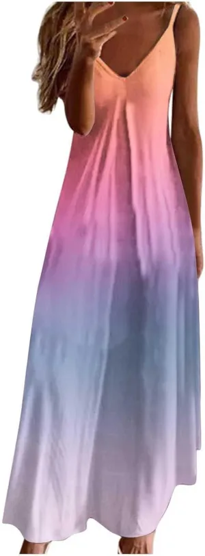 Women's Floral Spaghetti Strap Sundress Casual Summer Long Maxi Dress Vneck Sexy Boho Dresses Trendy Beach Clothes