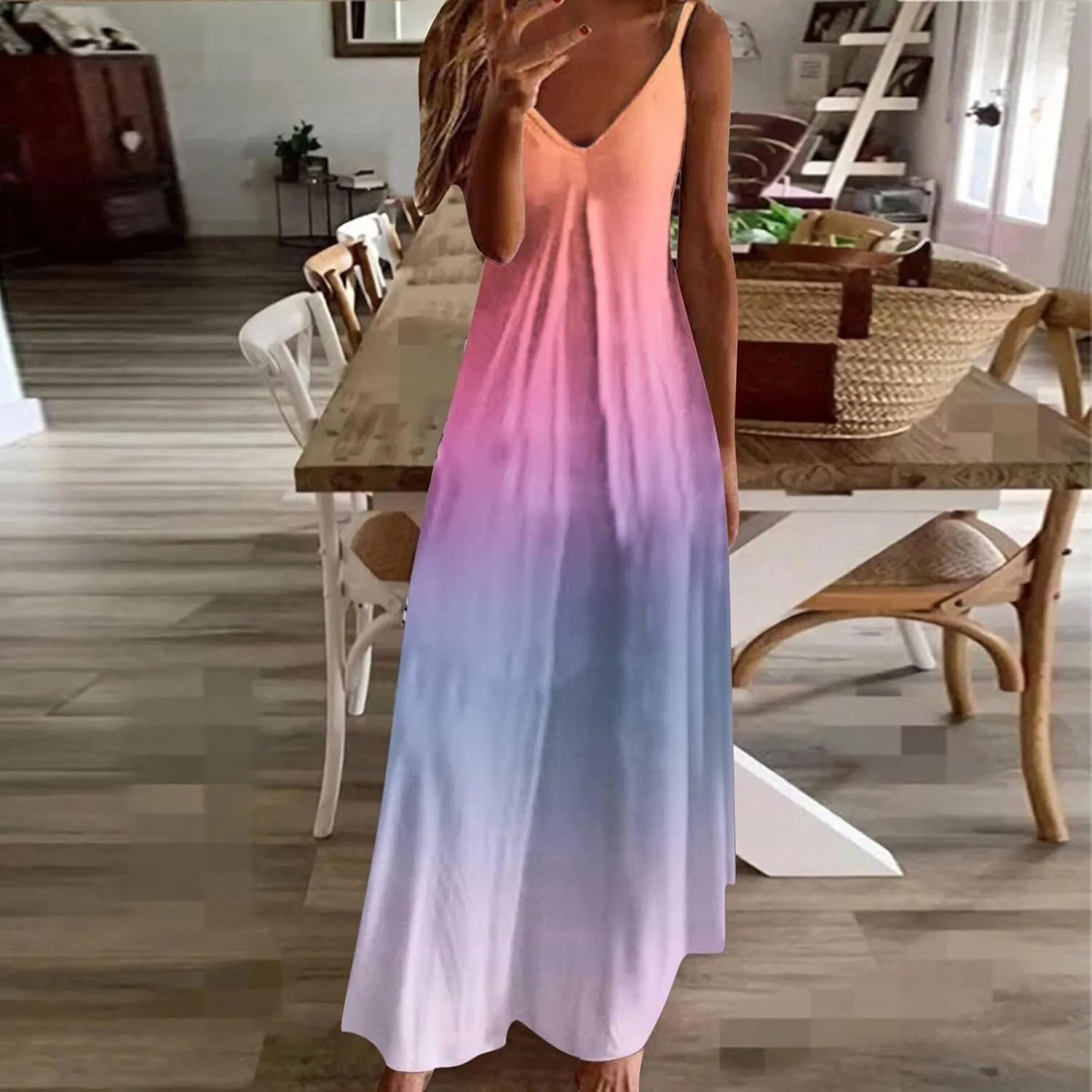 Women's Floral Spaghetti Strap Sundress Casual Summer Long Maxi Dress Vneck Sexy Boho Dresses Trendy Beach Clothes