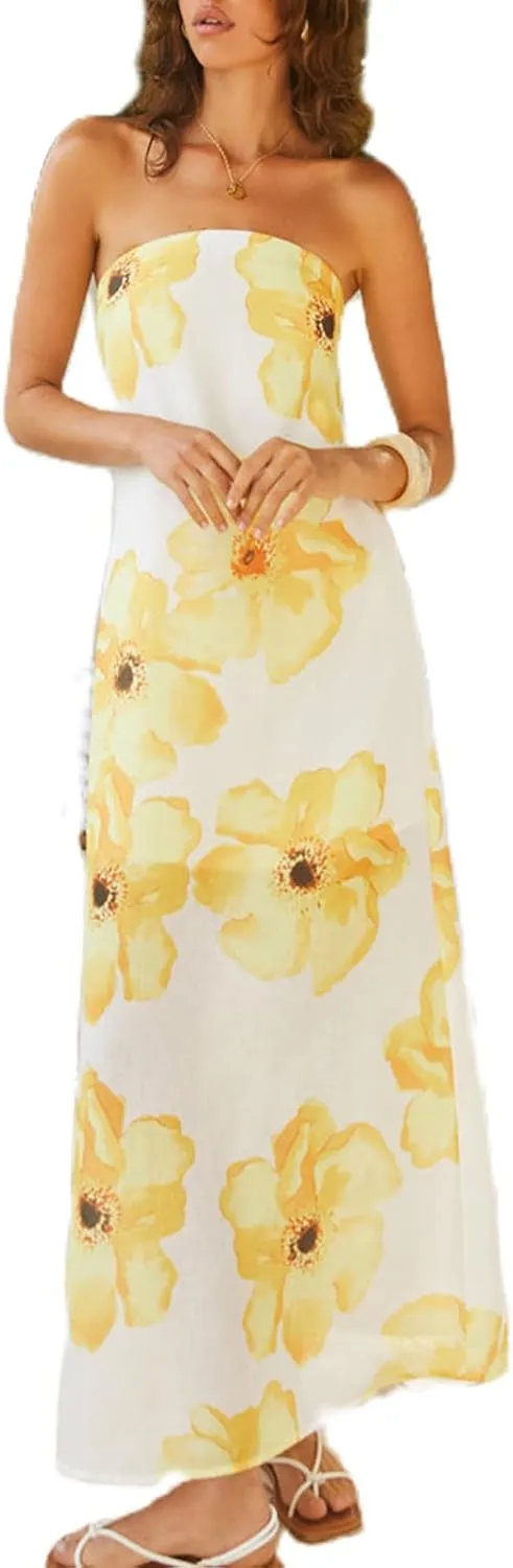 Womens Floral Strapless Bodycon Maxi Dress Sexy Backless Long Tube Dress Y2K Off Shoulder Summer Beach Dress