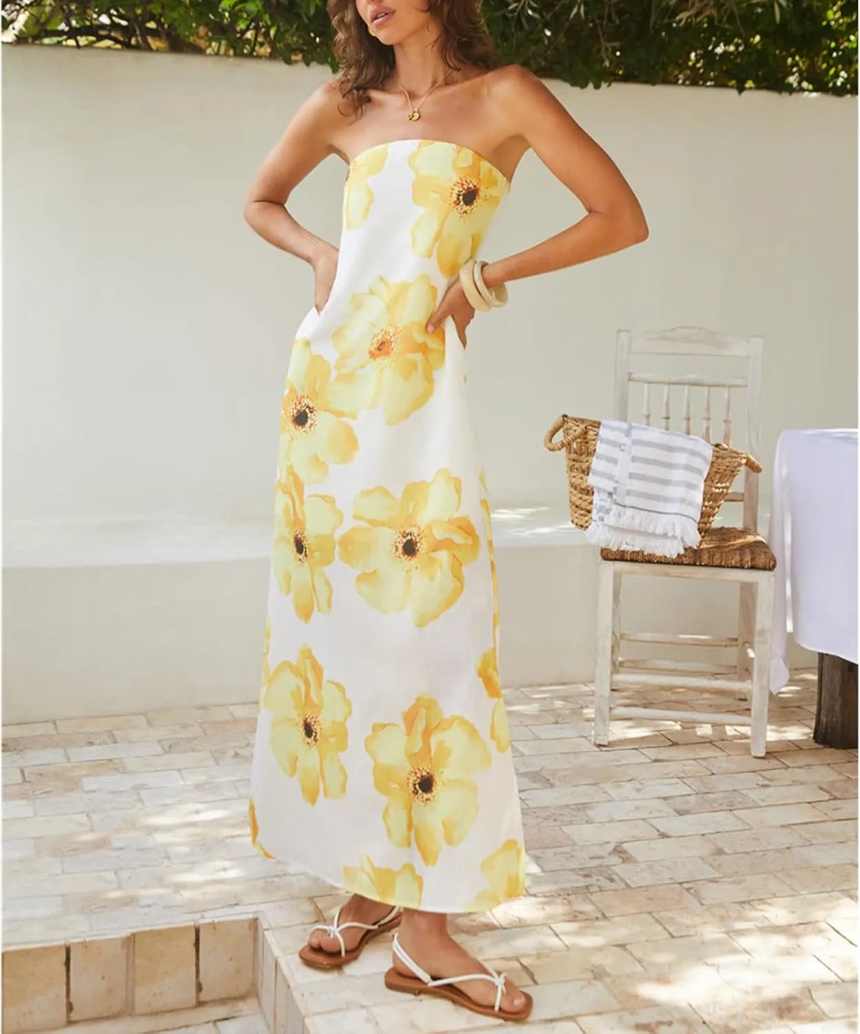Womens Floral Strapless Bodycon Maxi Dress Sexy Backless Long Tube Dress Y2K Off Shoulder Summer Beach Dress