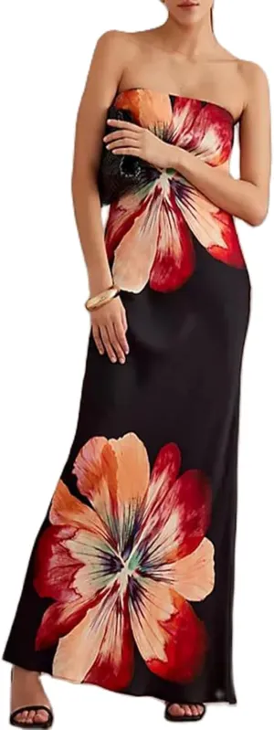 Womens Floral Strapless Bodycon Maxi Dress Sexy Backless Long Tube Dress Y2K Off Shoulder Summer Beach Dress