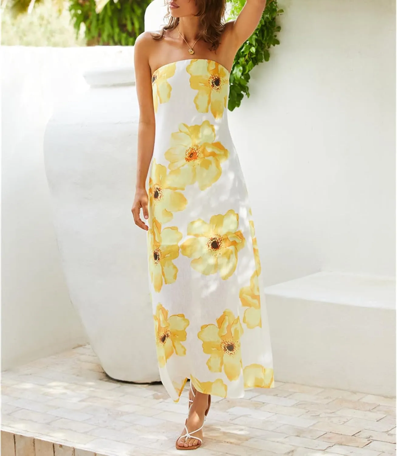 Womens Floral Strapless Bodycon Maxi Dress Sexy Backless Long Tube Dress Y2K Off Shoulder Summer Beach Dress