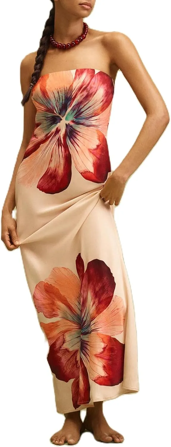 Womens Floral Strapless Dress Y2k Backless Sleeveless Tube Maxi Long Dresses Sexy Mesh Bodycon Summer Beachwear