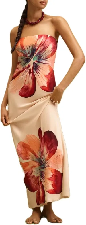 Womens Floral Strapless Dress Y2k Backless Sleeveless Tube Maxi Long Dresses Sexy Mesh Bodycon Summer Beachwear