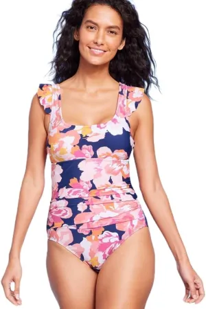 Women's Full Coverage Floral Print Ruffle Sleeve One Piece Swimsuit -