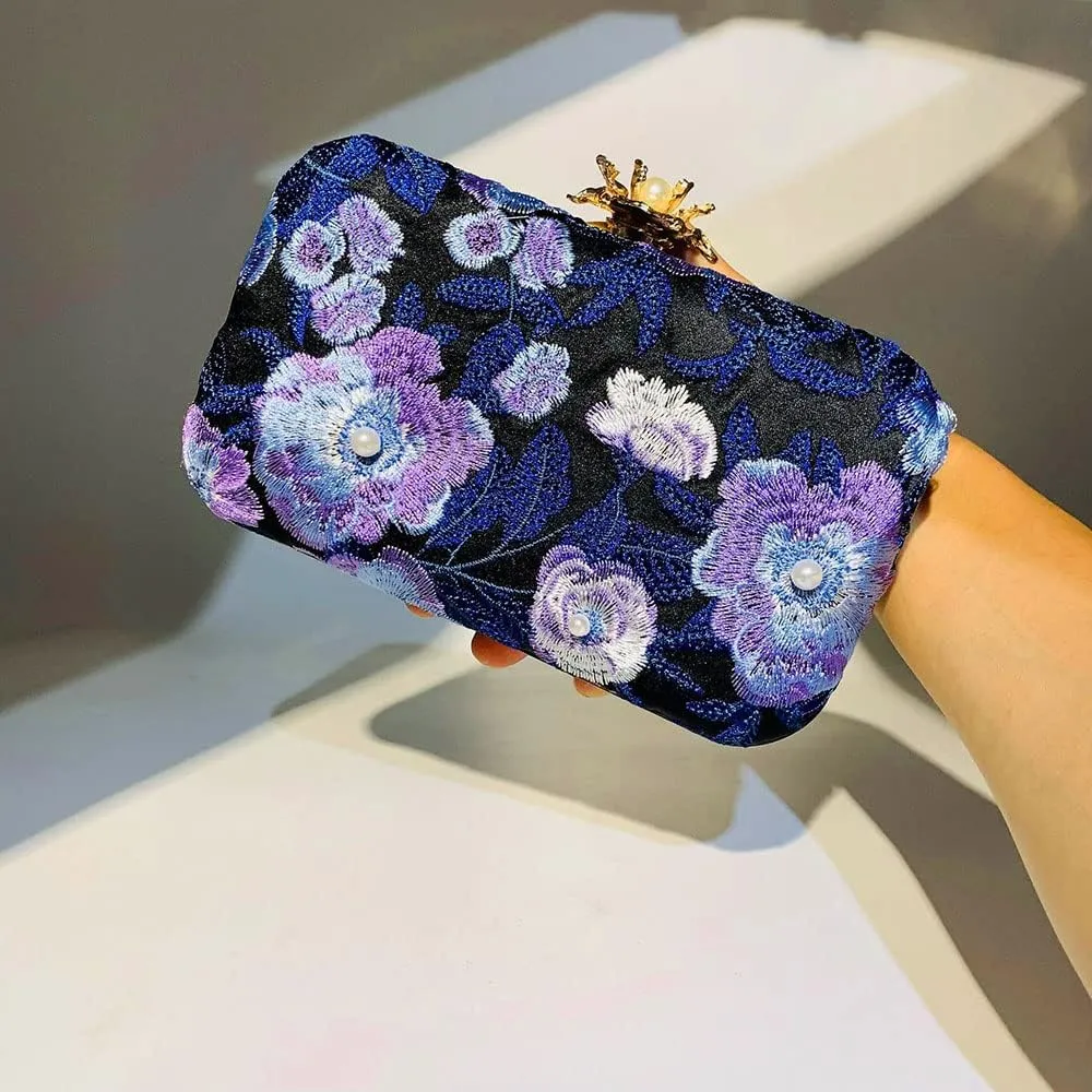 Womens Handmade Embroidery Beaded Evening Clutch Bag Vintage Pearls Handbag Purse for Wedding Prom Cocktail Party
