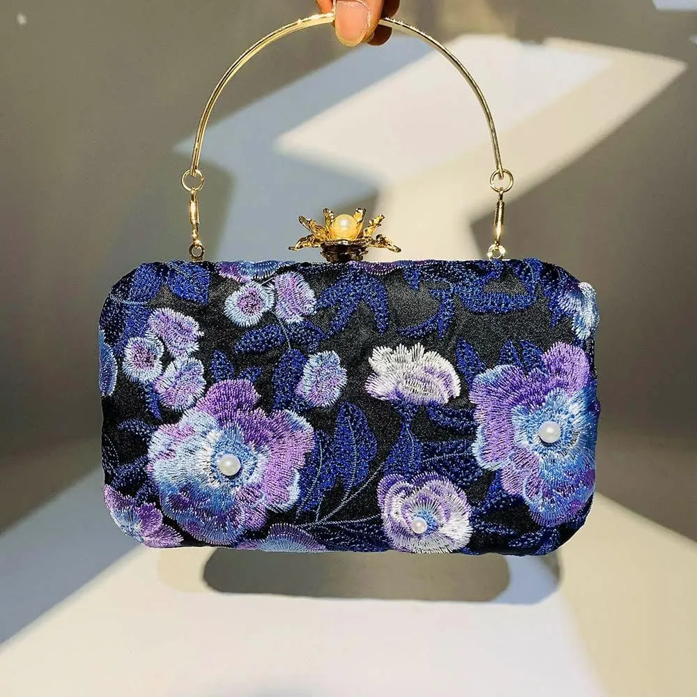 Womens Handmade Embroidery Beaded Evening Clutch Bag Vintage Pearls Handbag Purse for Wedding Prom Cocktail Party