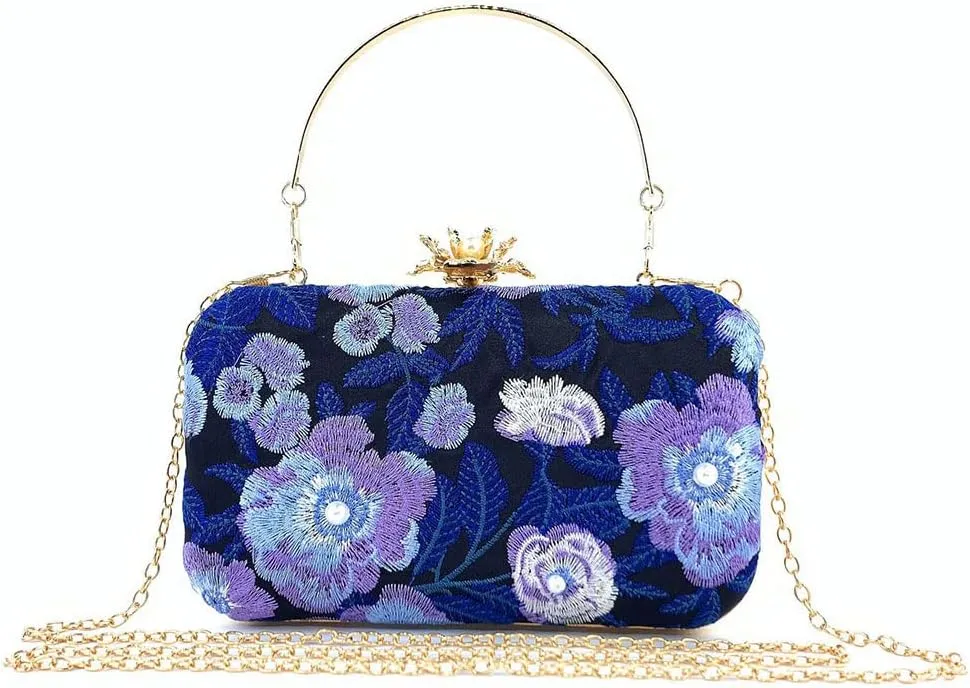 Womens Handmade Embroidery Beaded Evening Clutch Bag Vintage Pearls Handbag Purse for Wedding Prom Cocktail Party