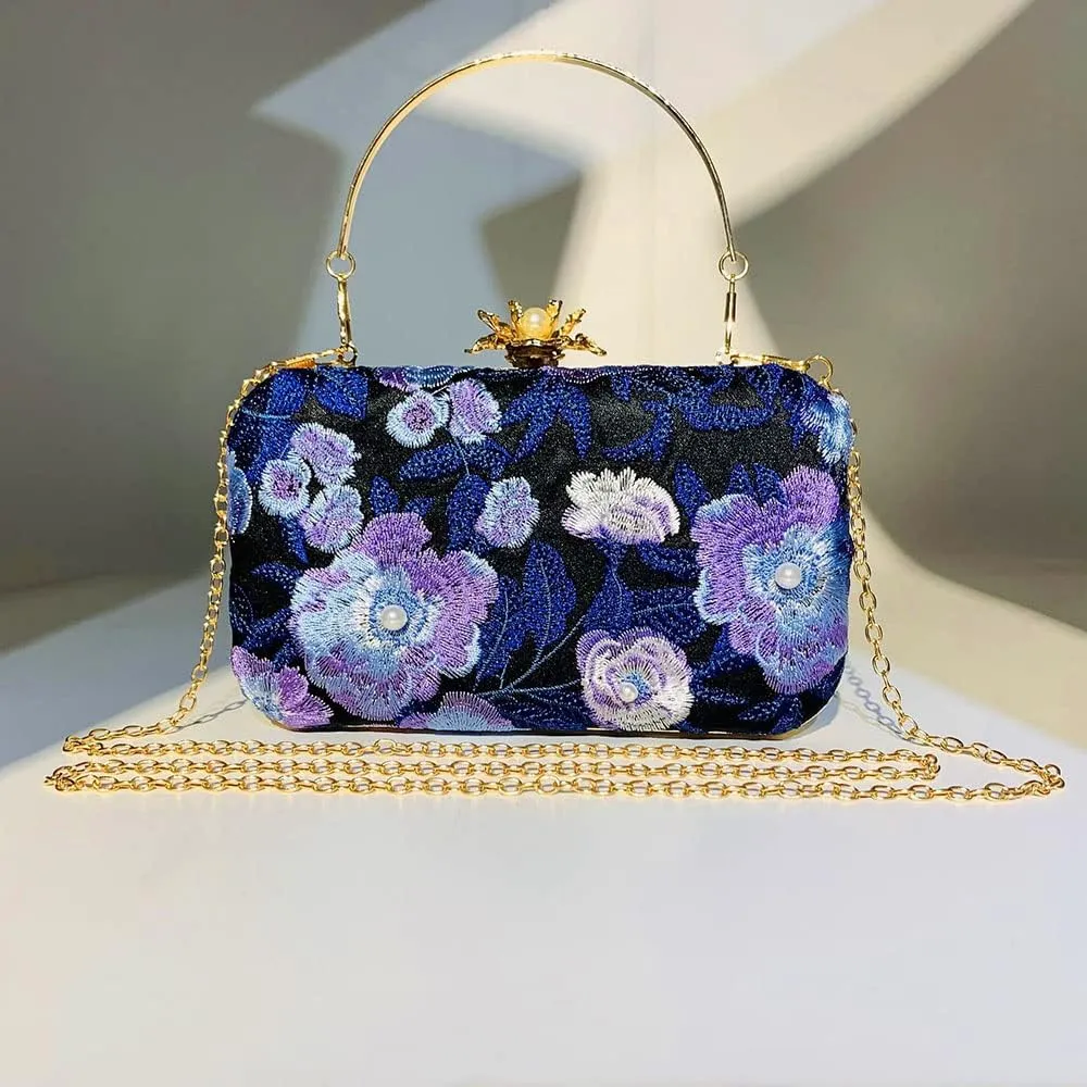 Womens Handmade Embroidery Beaded Evening Clutch Bag Vintage Pearls Handbag Purse for Wedding Prom Cocktail Party