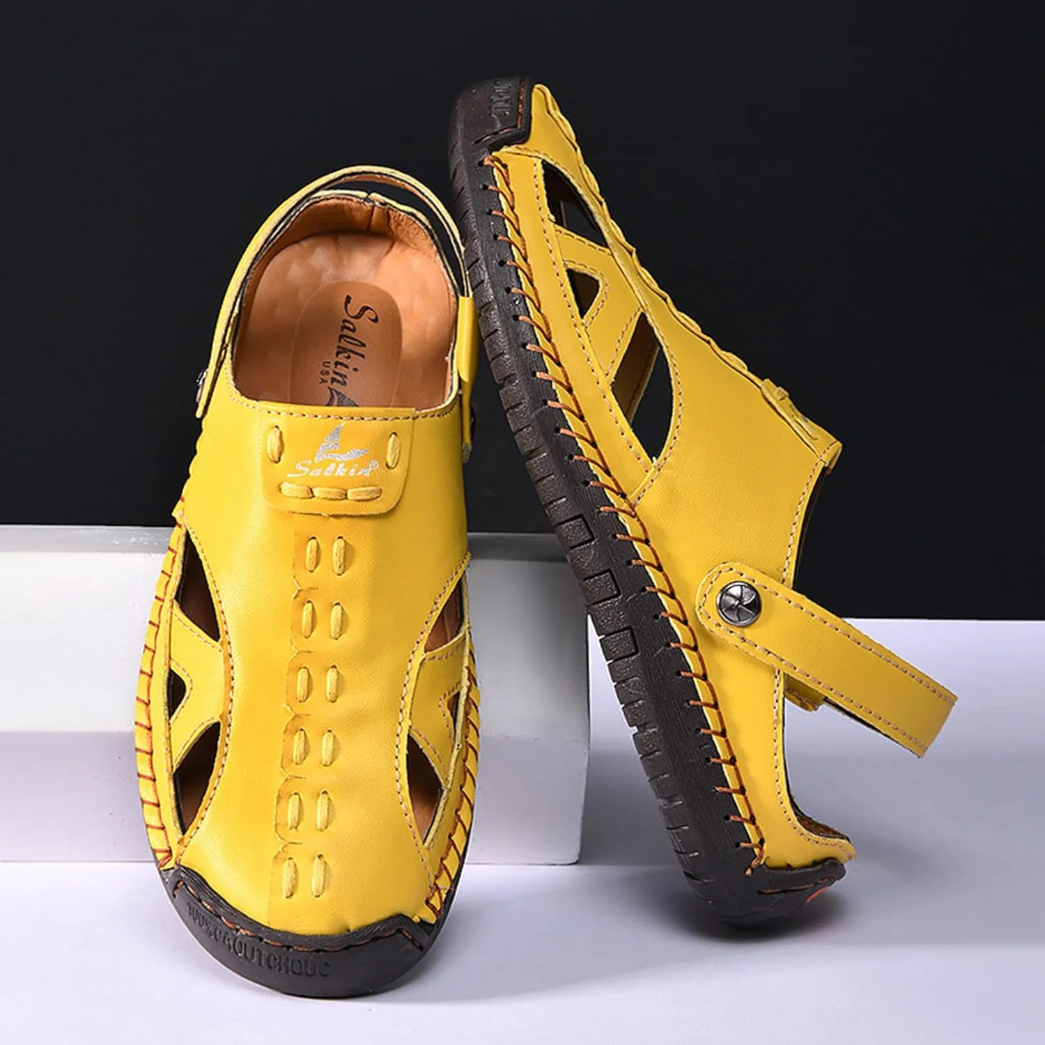Women’s Handmade Leather Fisherman Sandals - Closed Toe Slip-On Breathable Design with Non-Slip Sole Stylish Summer Outdoor Beach Shoes for Hiking Casual Wear & Water Activities