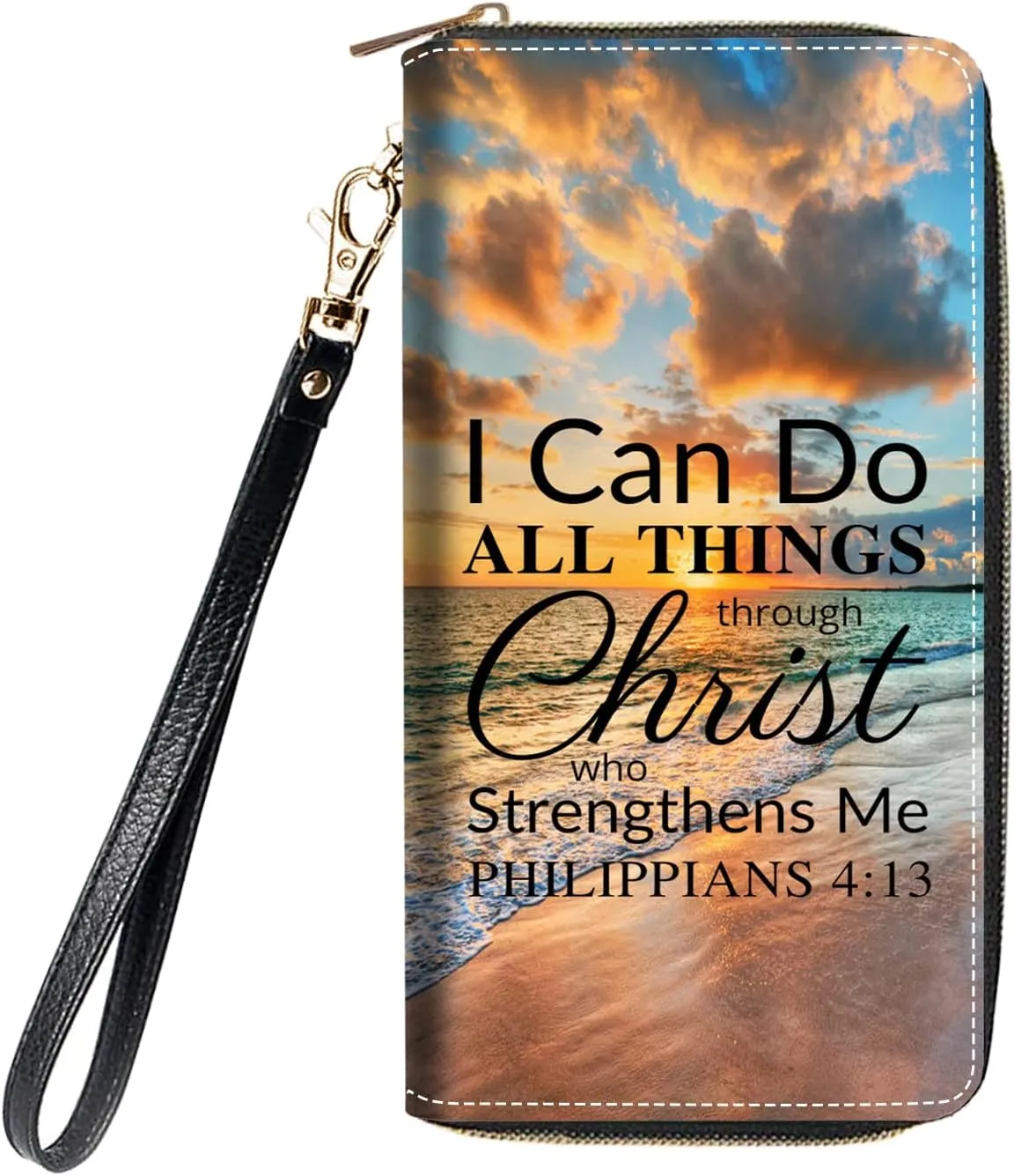 Women's Large Capacity Wallet, Portable PU Leather Zipper Wallet for Smart Phone/Card/Coin/Cash, Multifunctional Clutch Wallet with Removable Wristlet Strap, Bible Verse Philippians 4-13