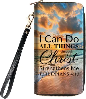 Women's Large Capacity Wallet, Portable PU Leather Zipper Wallet for Smart Phone/Card/Coin/Cash, Multifunctional Clutch Wallet with Removable Wristlet Strap, Bible Verse Philippians 4-13