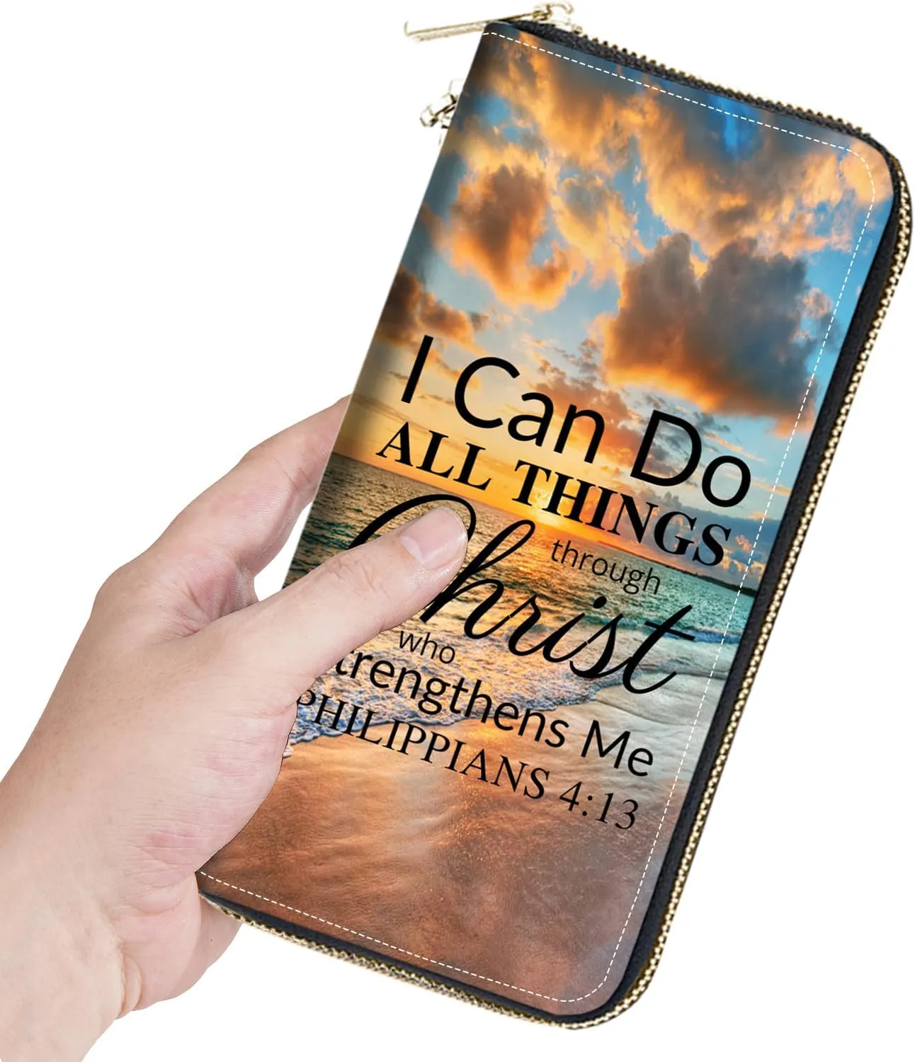 Women's Large Capacity Wallet, Portable PU Leather Zipper Wallet for Smart Phone/Card/Coin/Cash, Multifunctional Clutch Wallet with Removable Wristlet Strap, Bible Verse Philippians 4-13