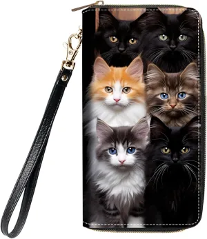 Women's Large Capacity Wallet, Portable PU Leather Zipper Wallet for Smart Phone/Card/Coin/Cash, Multifunctional Clutch Wallet with Removable Wristlet Strap, Cats