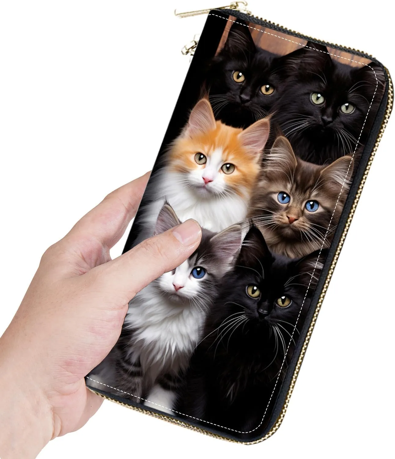 Women's Large Capacity Wallet, Portable PU Leather Zipper Wallet for Smart Phone/Card/Coin/Cash, Multifunctional Clutch Wallet with Removable Wristlet Strap, Cats