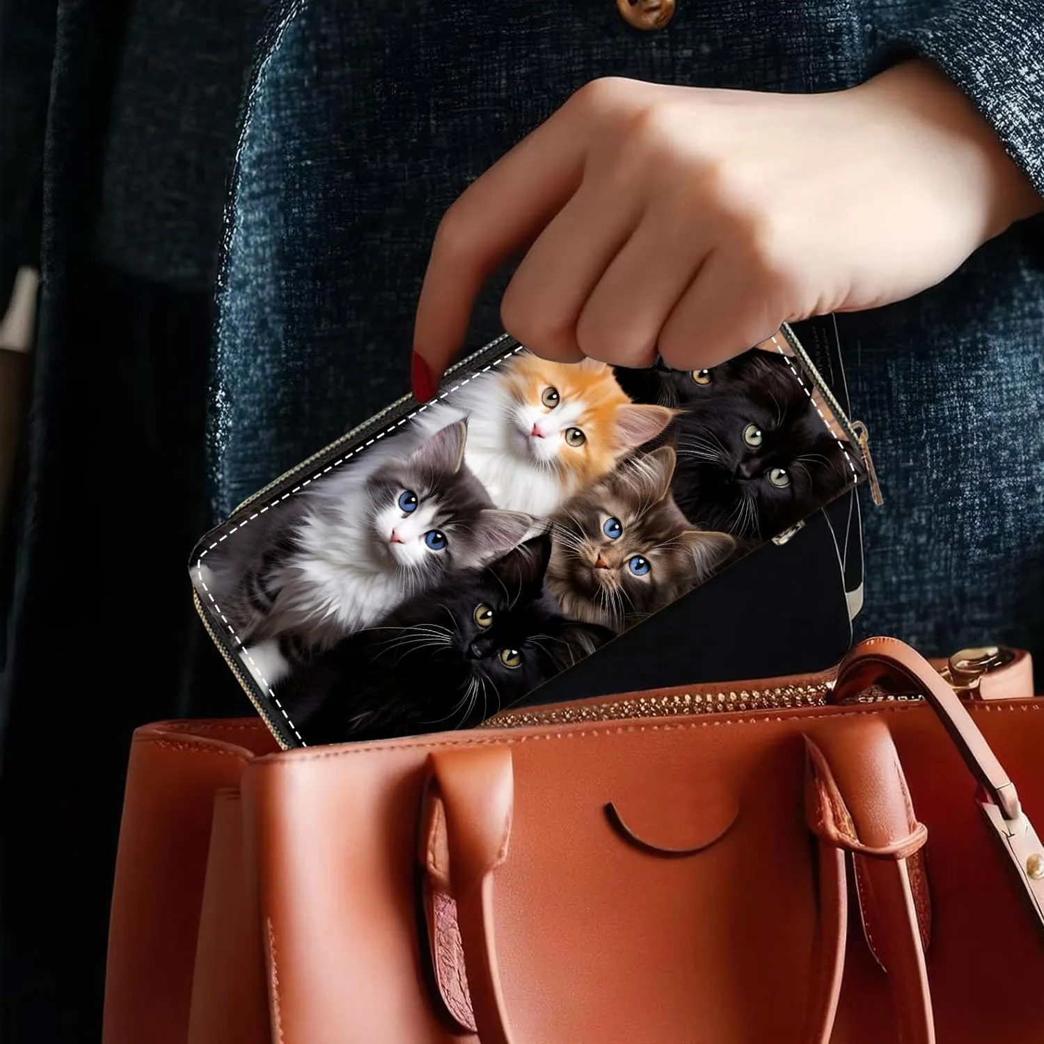 Women's Large Capacity Wallet, Portable PU Leather Zipper Wallet for Smart Phone/Card/Coin/Cash, Multifunctional Clutch Wallet with Removable Wristlet Strap, Cats