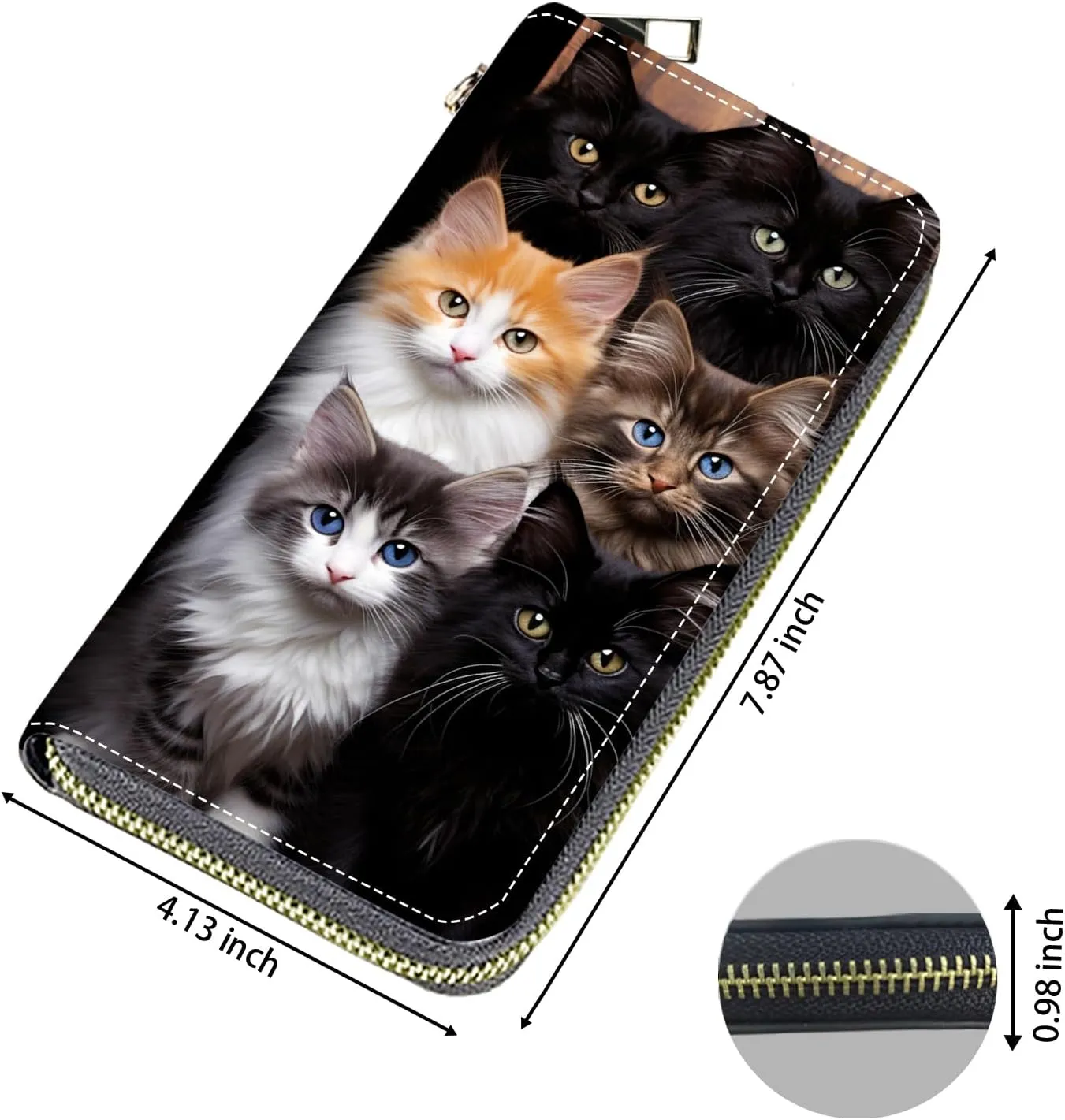 Women's Large Capacity Wallet, Portable PU Leather Zipper Wallet for Smart Phone/Card/Coin/Cash, Multifunctional Clutch Wallet with Removable Wristlet Strap, Cats
