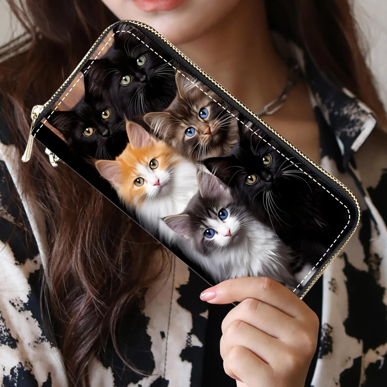 Women's Large Capacity Wallet, Portable PU Leather Zipper Wallet for Smart Phone/Card/Coin/Cash, Multifunctional Clutch Wallet with Removable Wristlet Strap, Cats