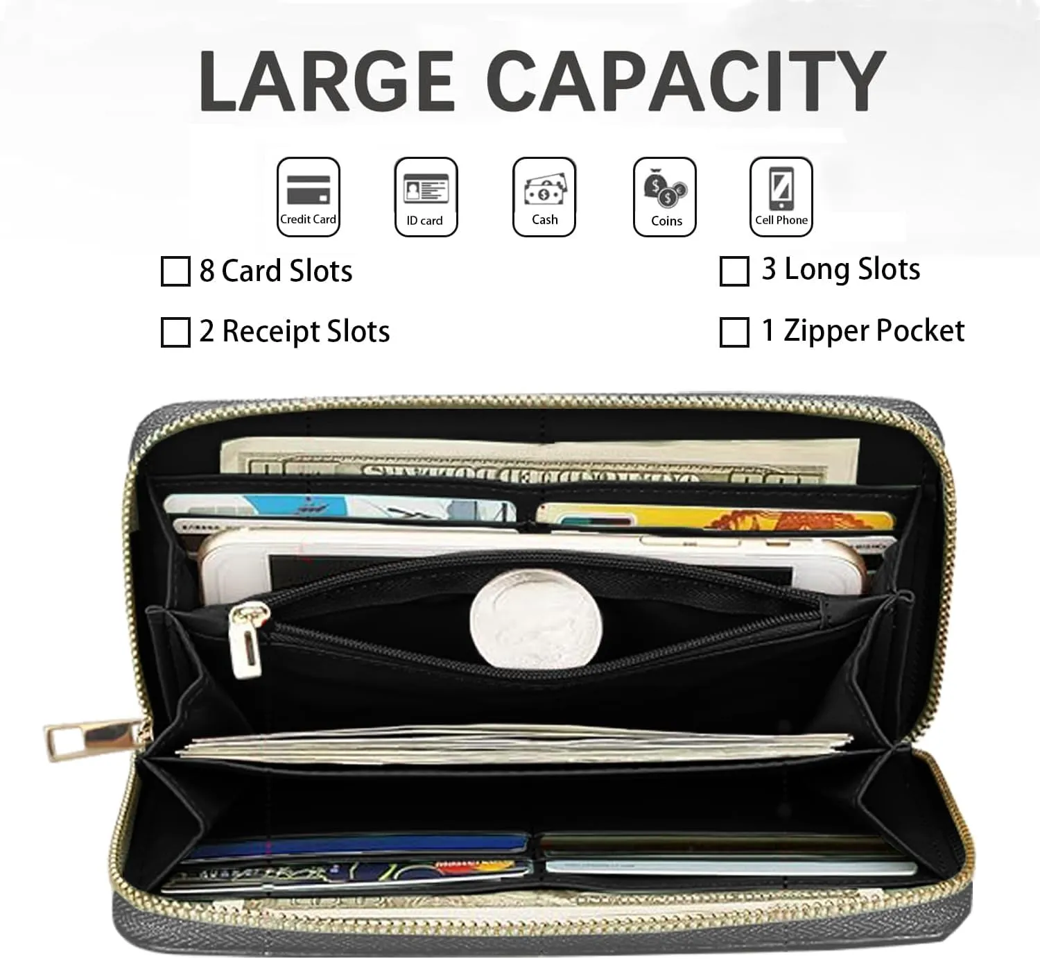 Women's Large Capacity Wallet, Portable PU Leather Zipper Wallet for Smart Phone/Card/Coin/Cash, Multifunctional Clutch Wallet with Removable Wristlet Strap, Cats