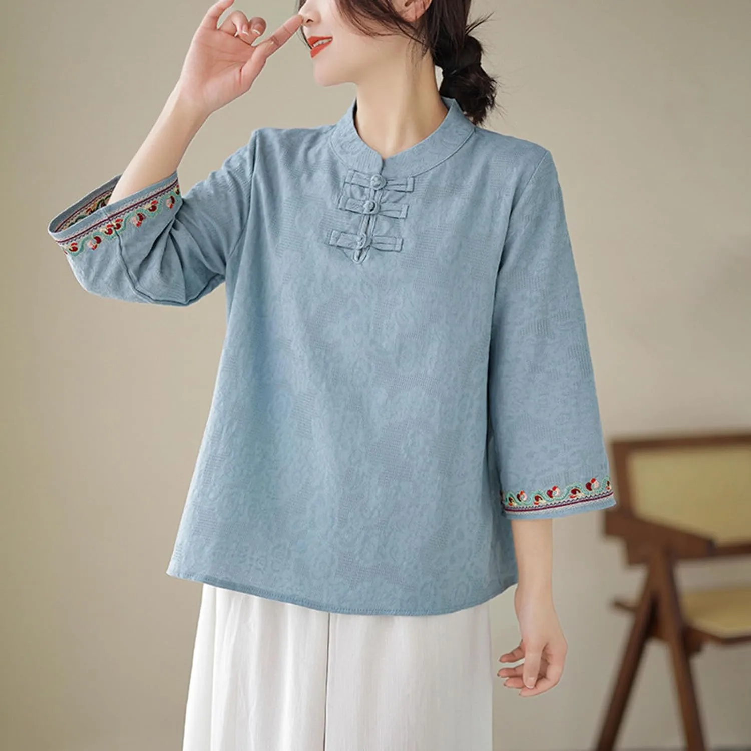 Women's Linen Retro Chinese Frog Button Tops Mandarin Collar Blouse Embroidery Long Sleeve Shirts Trendy