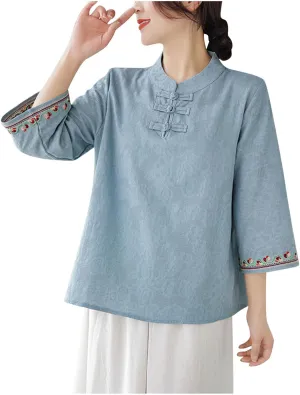 Women's Linen Retro Chinese Frog Button Tops Mandarin Collar Blouse Embroidery Long Sleeve Shirts Trendy