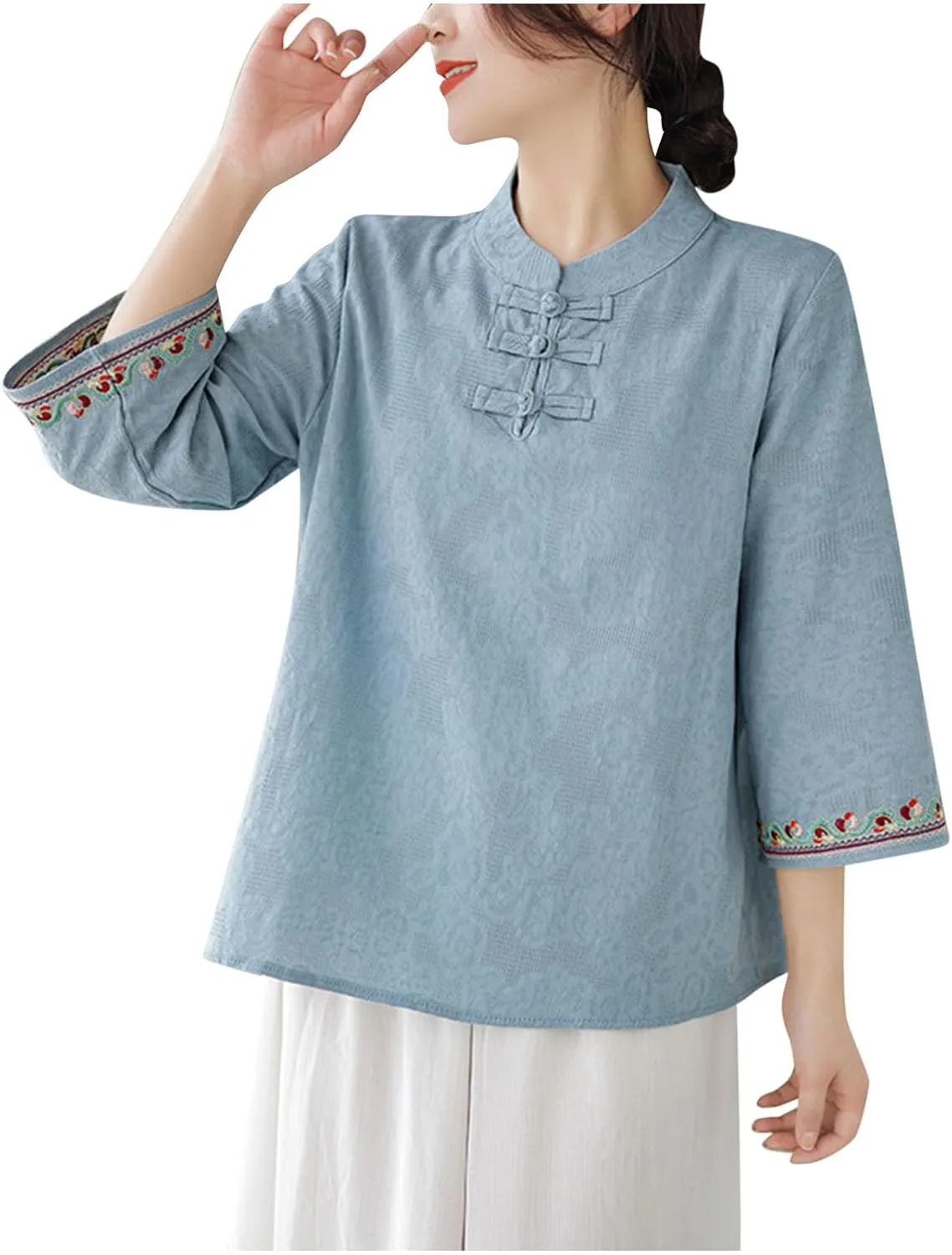 Women's Linen Retro Chinese Frog Button Tops Mandarin Collar Blouse Embroidery Long Sleeve Shirts Trendy
