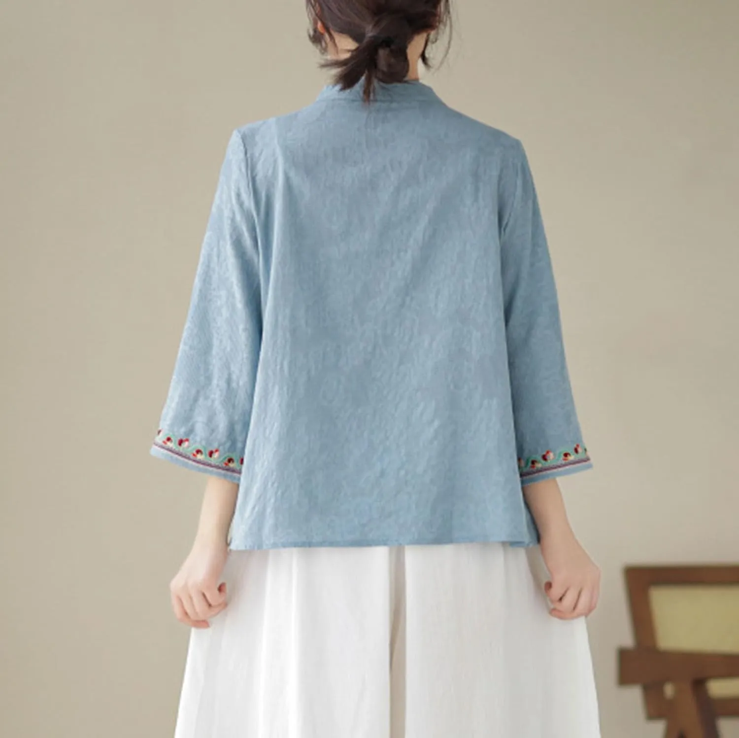 Women's Linen Retro Chinese Frog Button Tops Mandarin Collar Blouse Embroidery Long Sleeve Shirts Trendy