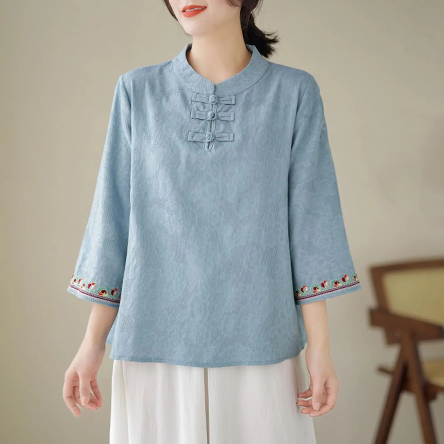 Women's Linen Retro Chinese Frog Button Tops Mandarin Collar Blouse Embroidery Long Sleeve Shirts Trendy