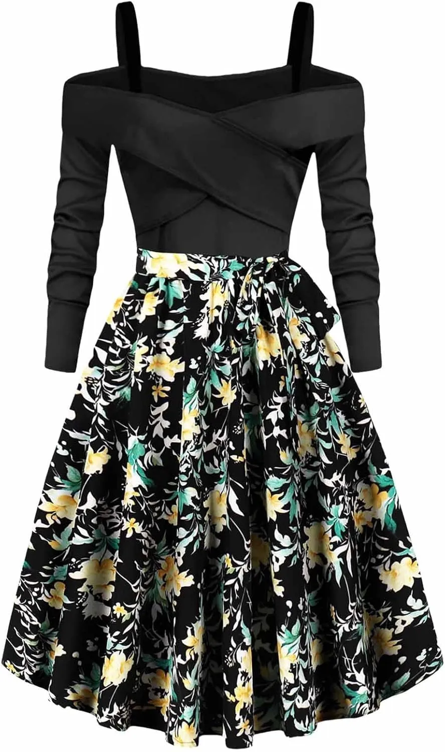 Womens Long Sleeve Floral Dress Sexy Elegant Off Shoulder Ruffle Pleated Causal Dress Funny Floral Print Fall Dresses