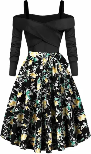 Womens Long Sleeve Floral Dress Sexy Elegant Off Shoulder Ruffle Pleated Causal Dress Funny Floral Print Fall Dresses